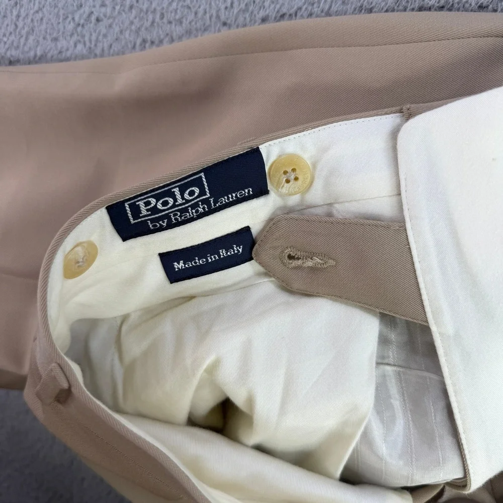 Polo Ralph Lauren Dress Pants Mens 34x28 Tan Pleated Virgin Wool Made in Italy